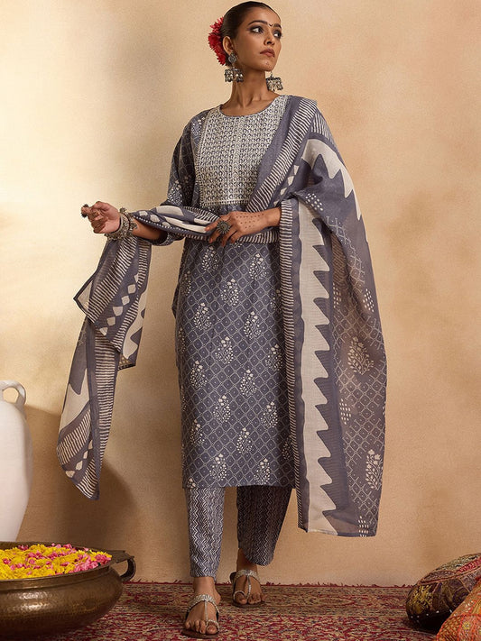 Dhiyona IE Floral Printed Pure Cotton Straight Kurta with Trousers & Dupatta