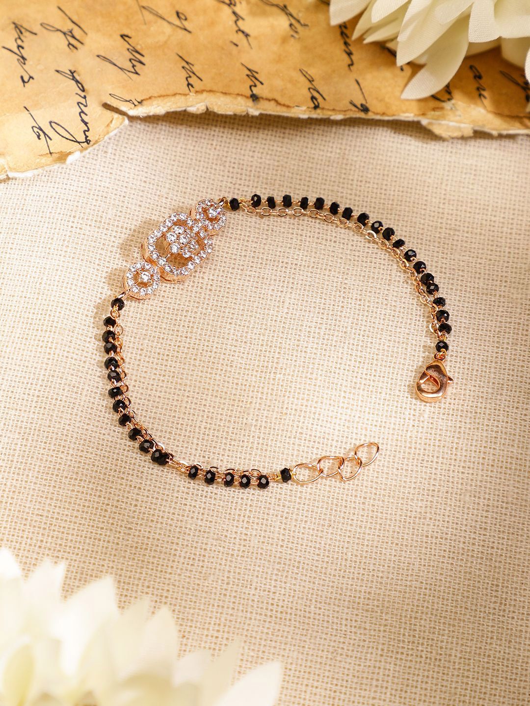 Dhiyona RJ Women's Rose Gold-Plated Black Beads & Cubic Zirconia Studded Floral Mangalsutra Bracelet