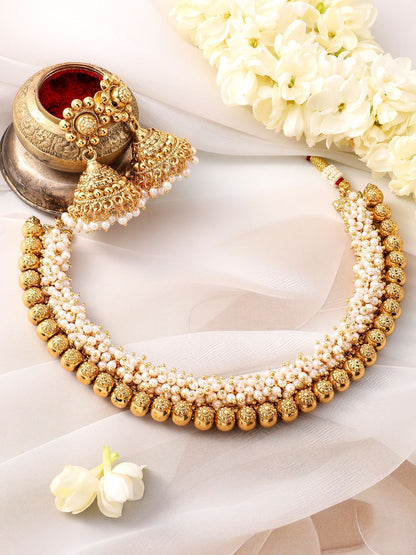 Dhiyona RJ Women's 22K Gold-Plated White Pearls & Golden Beads Studded Beaded Traditional Jewellery Se