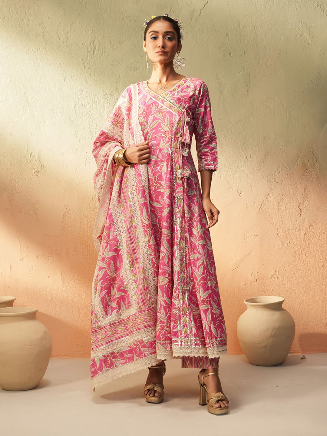 Dhiyona IS Women's Floral Printed V-Neck Angrakha Pure Cotton Anarkali Kurta With Trousers & Dupatta