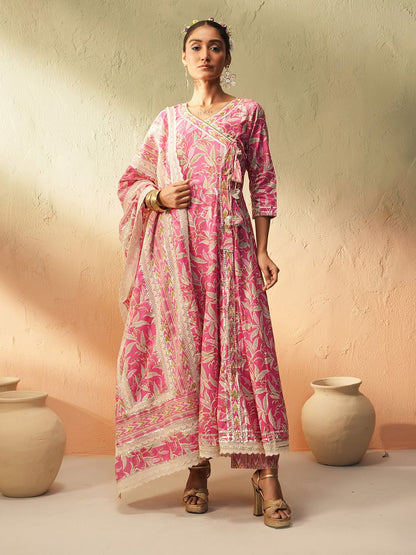 Dhiyona IS Women's Floral Printed V-Neck Angrakha Pure Cotton Anarkali Kurta With Trousers & Dupatta