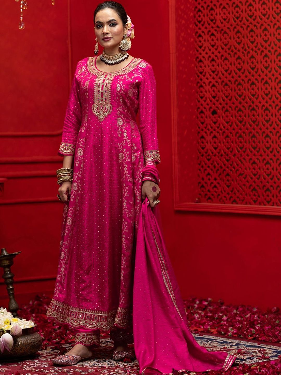 Dhiyona CH Women Ethnic Motifs Embroidered Panelled Thread Work Kurta with Trousers & With Dupatta