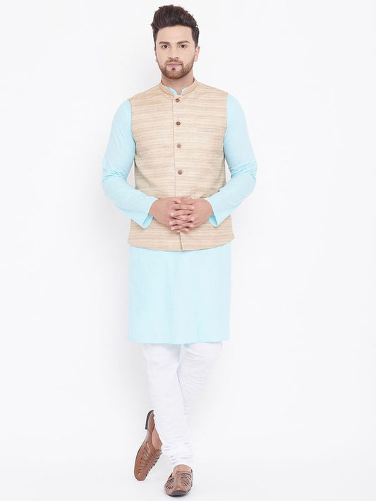 Men's Aqua Cotton Blend Straight Jacket  Kurta and Pyjama Set