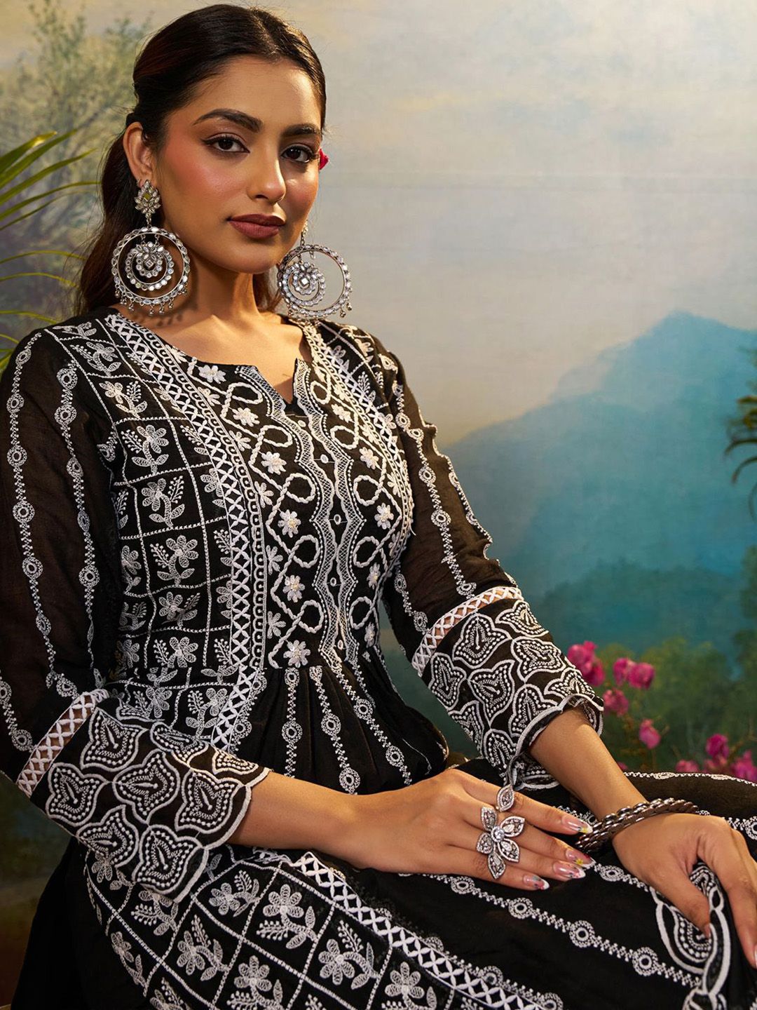 Women Floral Embroidered Cotton Kurta with Trousers & Dupatta