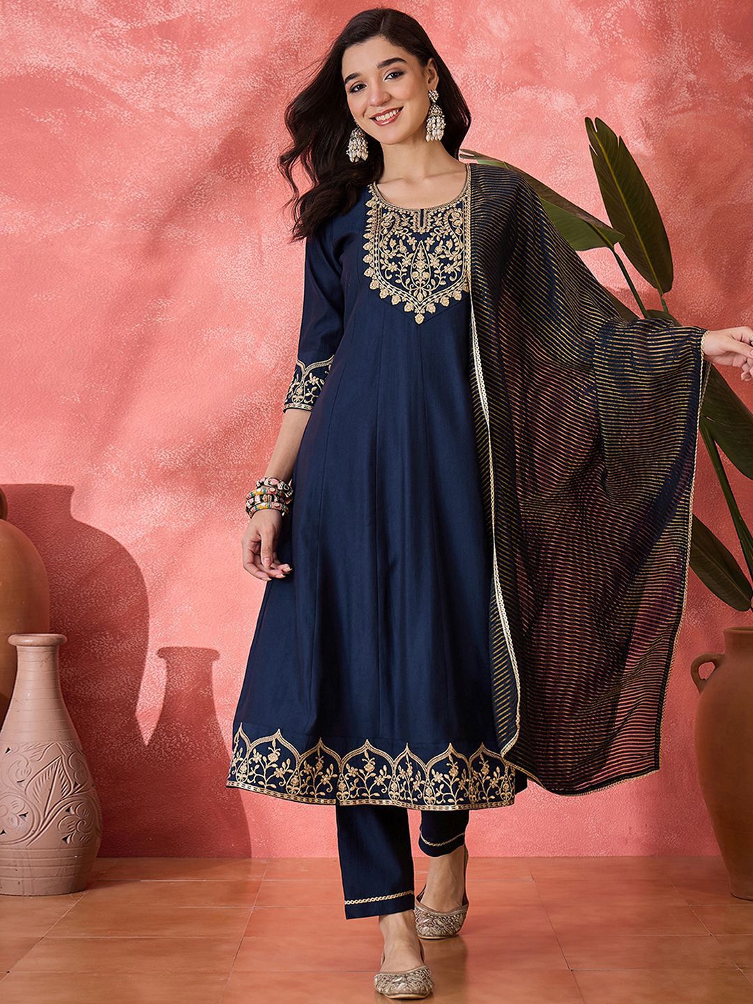 Dhiyona SN Women's Floral Embroidered Kurta with Trousers & Dupatta