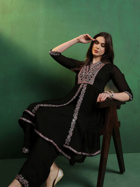 Dhiyona SN Women's Alina Cut Embroidered A-Line Silk Kurta With Palazzo Set