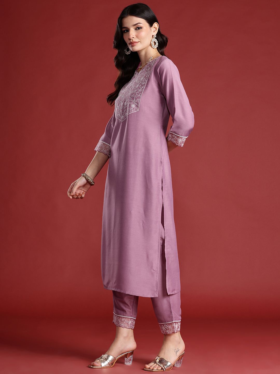 Floral Embroidered Thread Work Kurta with Trousers & Dupatta
