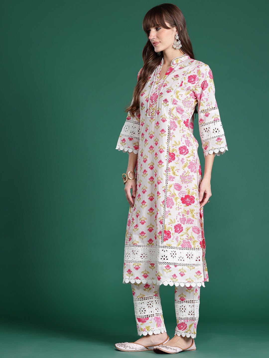 Floral Embroidered Pure Cotton Kurta with Trousers & Dupatta