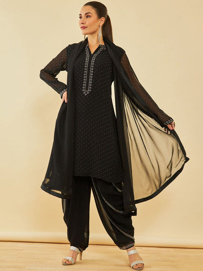 Dhiyona SO Women's Printed Regular Beads and Stones Kurta with Dhoti Pant & Dupatta