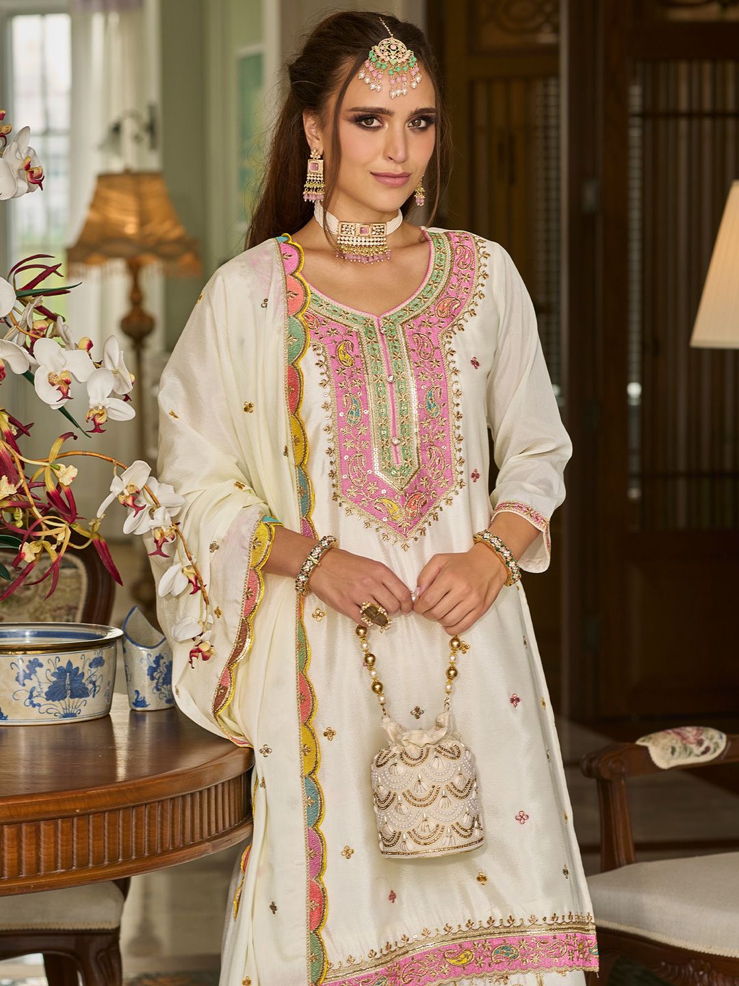 Dhiyona IE Paisley Embroidered Sequinned Straight Kurta With Sharara And Dupatta