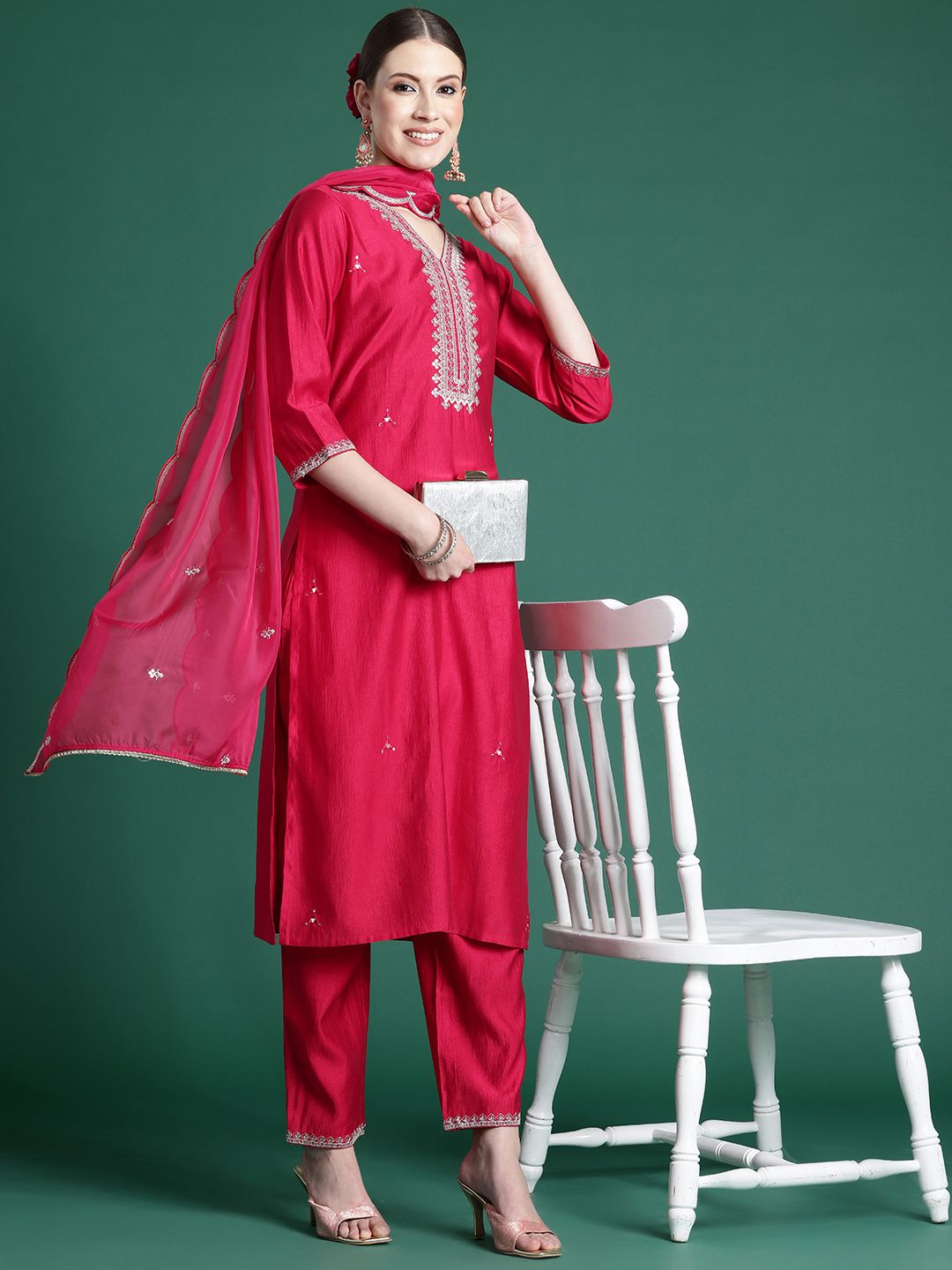 Ethnic Motifs Yoke Design Zari Liva Kurta With Trousers & Dupatta