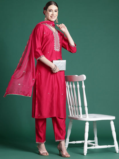 Ethnic Motifs Yoke Design Zari Liva Kurta With Trousers & Dupatta