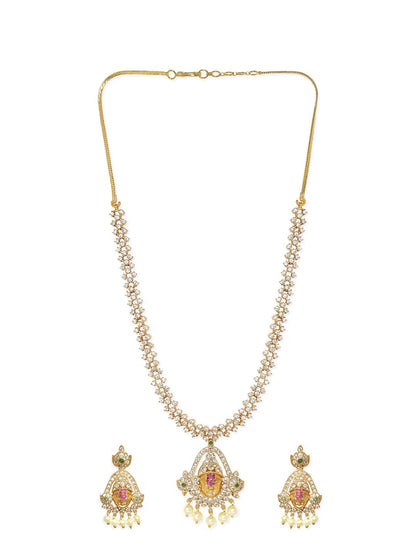 Dhiyona RJ Women's Gold-Plated American Diamond-Studded & Pearl Beaded Temple Jewellery Set