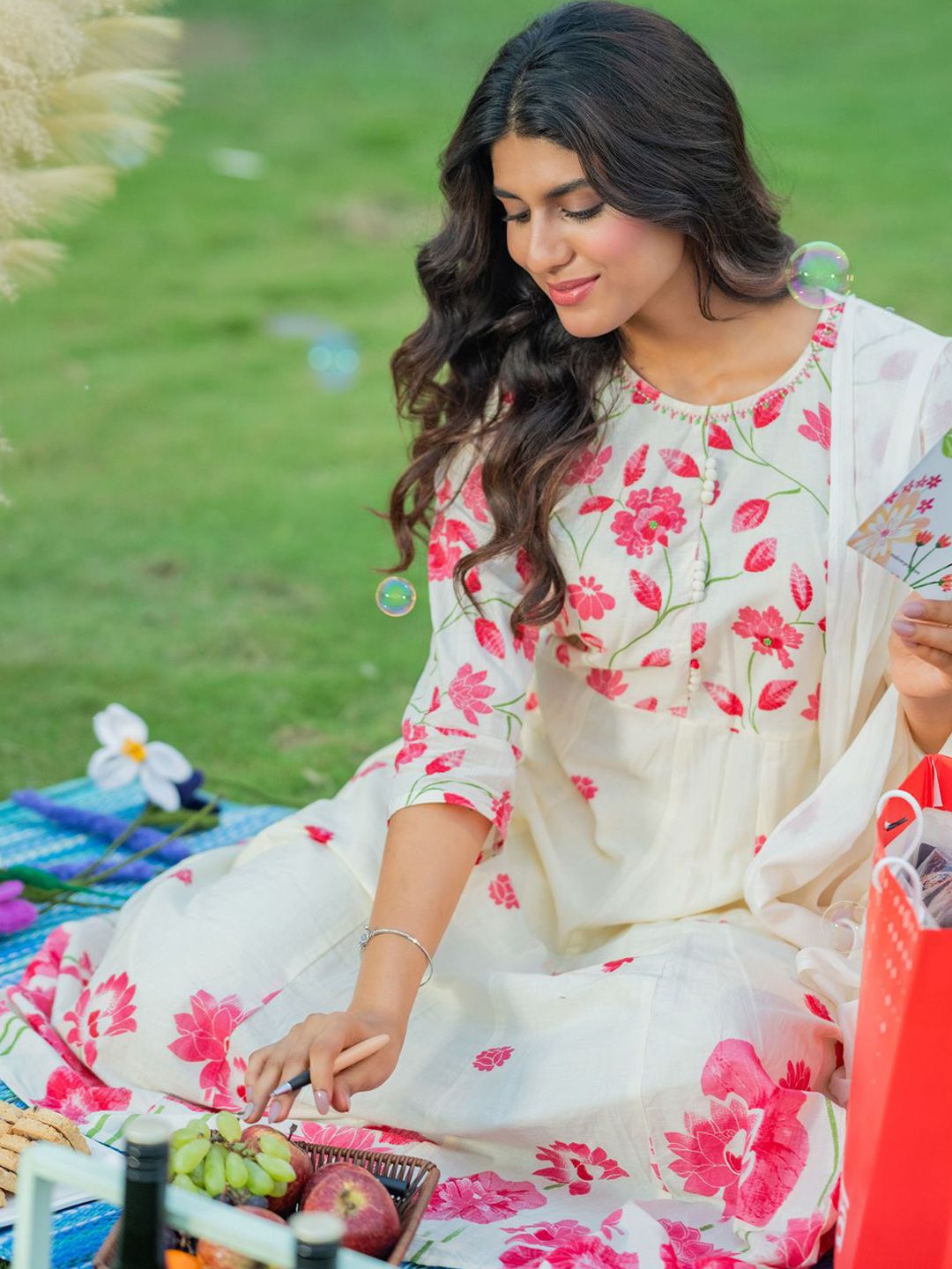 Floral Printed Pure Cotton Anarkali Kurta With Trousers & Dupatta