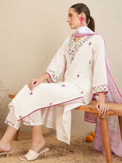 Dhiyona IE Floral Embroidered Thread Work Pure Cotton Straight Kurta With Trousers & Dupatta