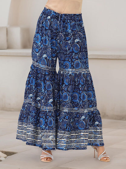 Dhiyona IS Women's Floral Printed A-Line Pure Cotton Gotta Patti Kurta with Sharara & Dupatta