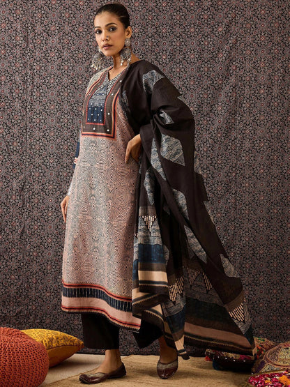 Dhiyona IE Women Ethnic Motifs Printed Regular Beads and Stones Pure Cotton Kurta with Trousers & With Dupatta