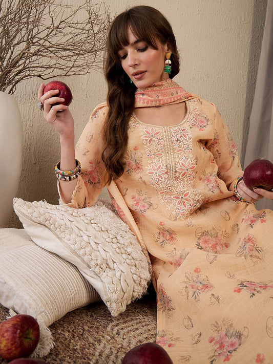 Dhiyona IE Women Floral Embroidered Regular Thread Work Linen Kurta with Trousers & With Dupatta
