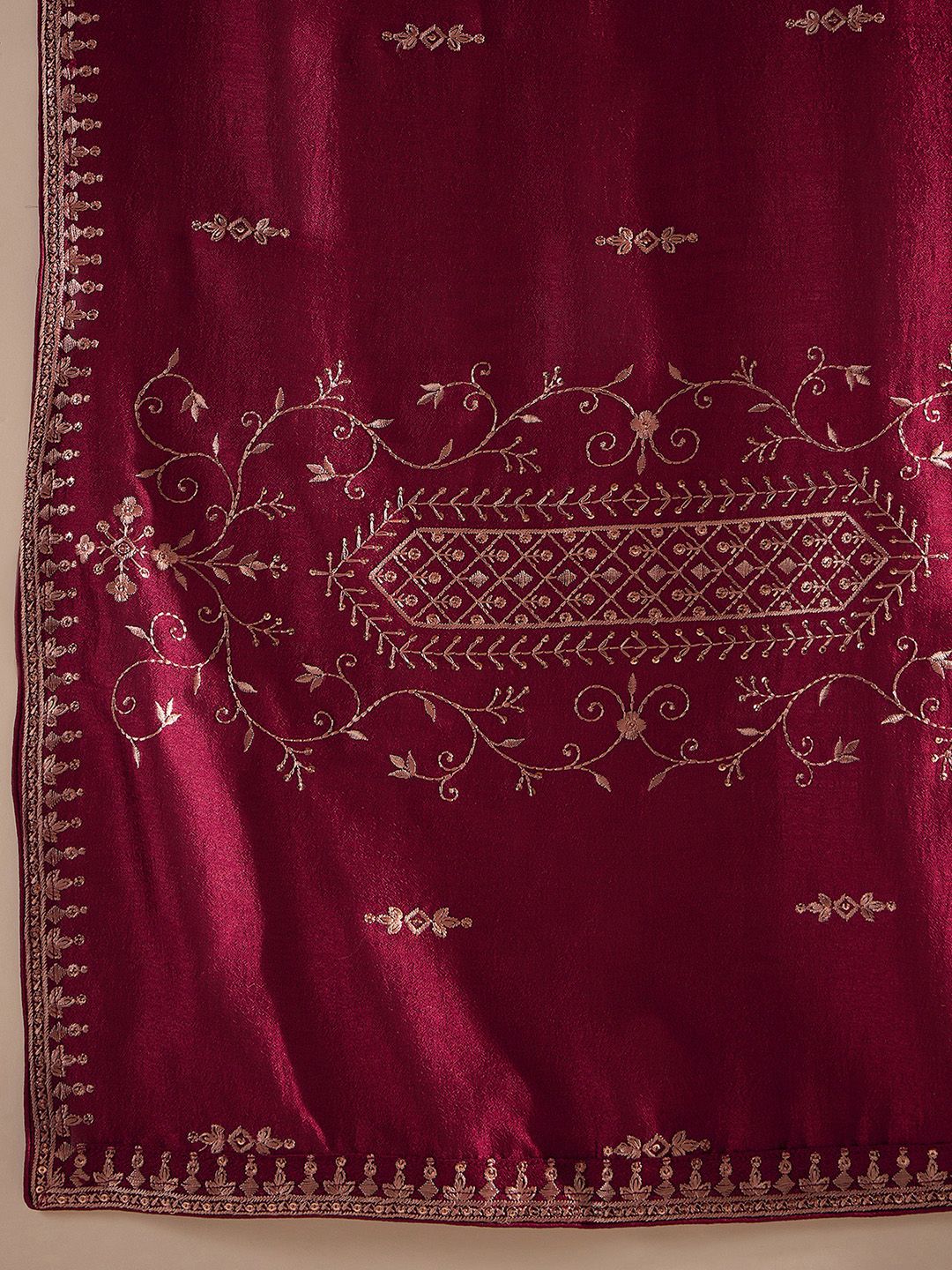 Dhiyona IE Maroon Ethnic Motifs Embroidered Thread Work Kurta with Trousers & Dupatta