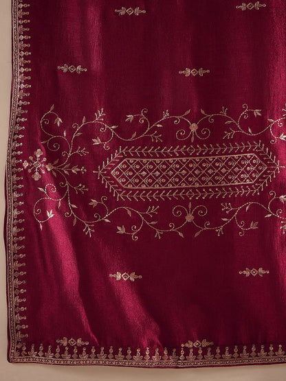 Dhiyona IE Maroon Ethnic Motifs Embroidered Thread Work Kurta with Trousers & Dupatta