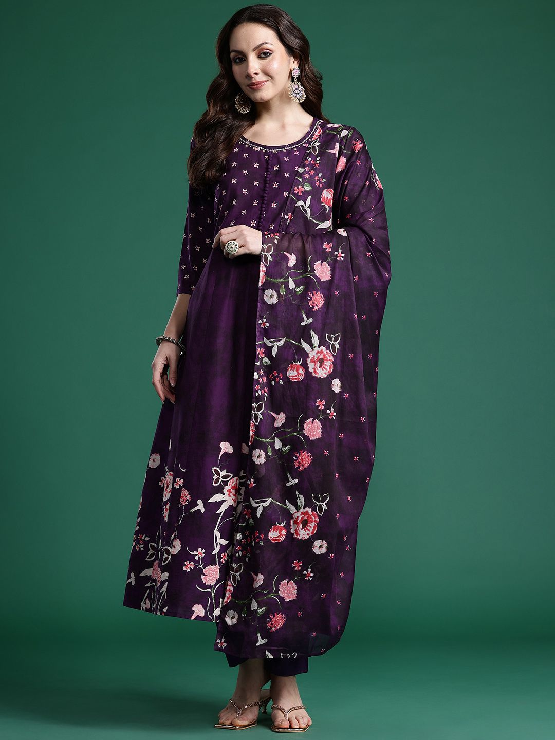 Floral Printed Pure Cotton Kurta with Trousers & Dupatta