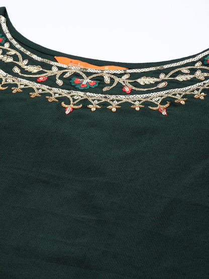 Women Green Thread Work Liva Kurta with Trousers & Dupatta