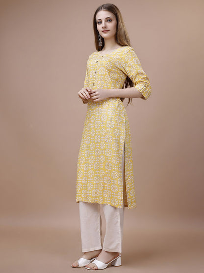 Dhiyona OD  Yellow Floral Printed Round Neck Straight Kurta