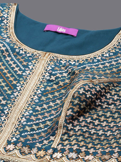 Dhiyona LL Libas Womens Blue Embroidered Silk Anarkali Kurti With Sharara & Dupatta