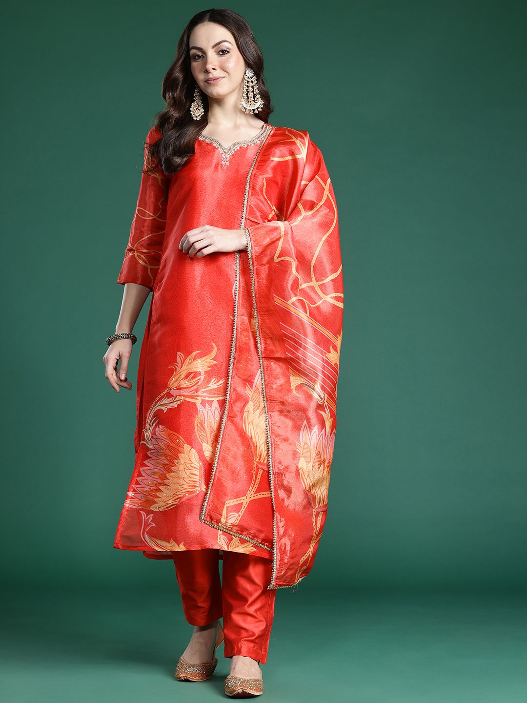 Floral Printed Sequinned Kurta with Trousers & Dupatta