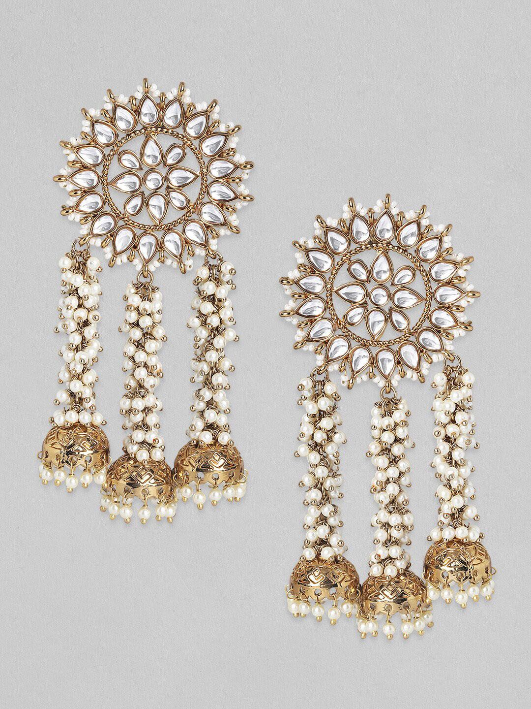 Dhiyona RJ Women's 22K Gold Plated Handcrafted Kundan Studded Floral Design 3-Layered Jhumkas Earrings