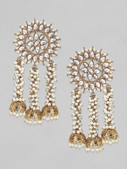 Dhiyona RJ Women's 22K Gold Plated Handcrafted Kundan Studded Floral Design 3-Layered Jhumkas Earrings