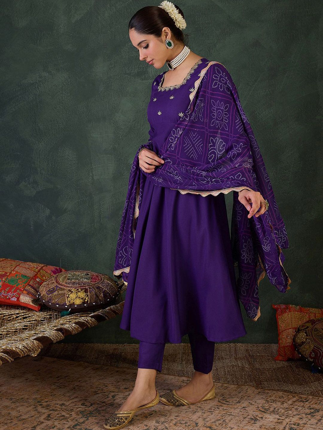 Dhiyona IE Embroidered Square Neck Anarkali Kurta With Trousers And Dupatta
