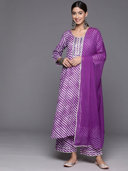 Dhiyona VA Women's Leheriya Printed Mirror Work Pure Cotton Kurta with Trousers & With Dupatta