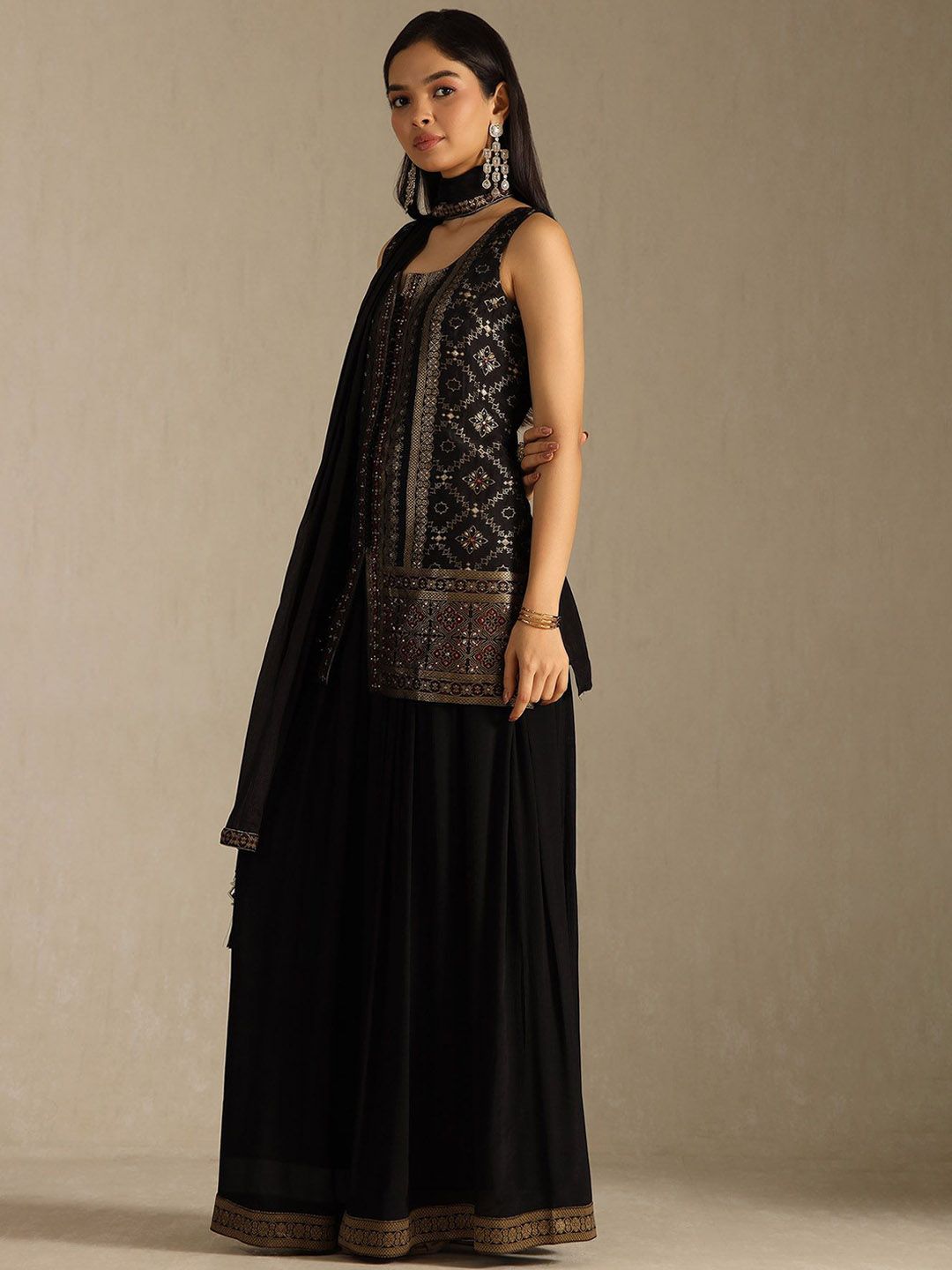 Dhiyona SO Women's Floral Woven Design Mirror Work Kurta With Palazzos & Dupatta