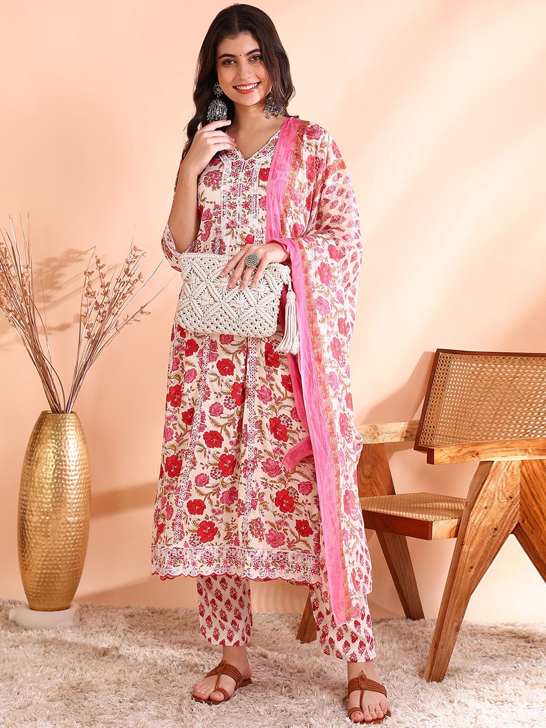 Dhiyona OD  Thread Work Pure Cotton Anarkali Kurta with Trousers & Dupatta
