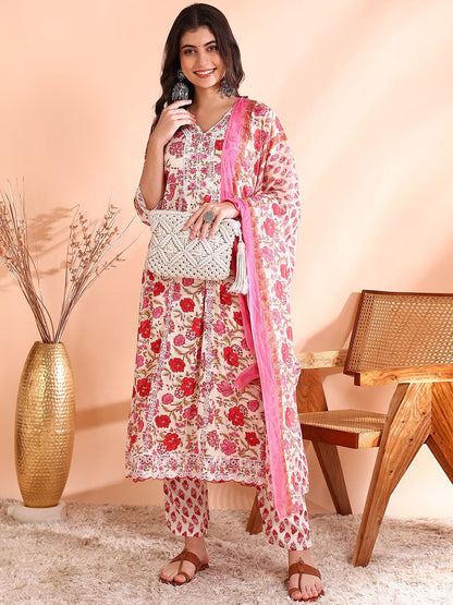Dhiyona OD  Thread Work Pure Cotton Anarkali Kurta with Trousers & Dupatta