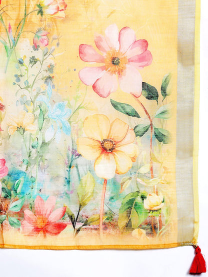 Floral Embroidered Thread Work Linen Kurta with Trousers & With Dupatta