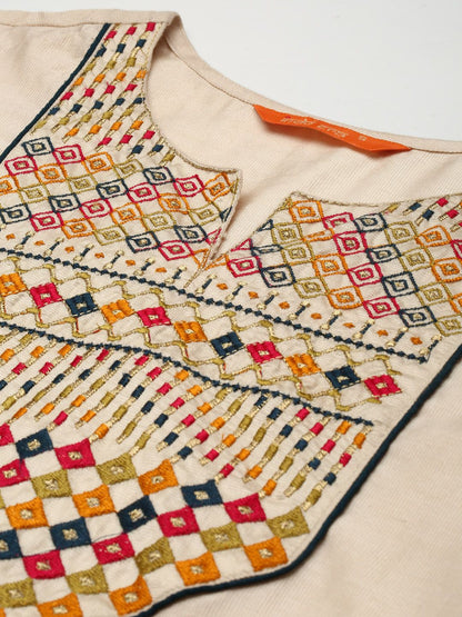 Women Off White Ethnic Motifs Yoke Design Regular Liva Kurta with Palazzos & With Dupatta