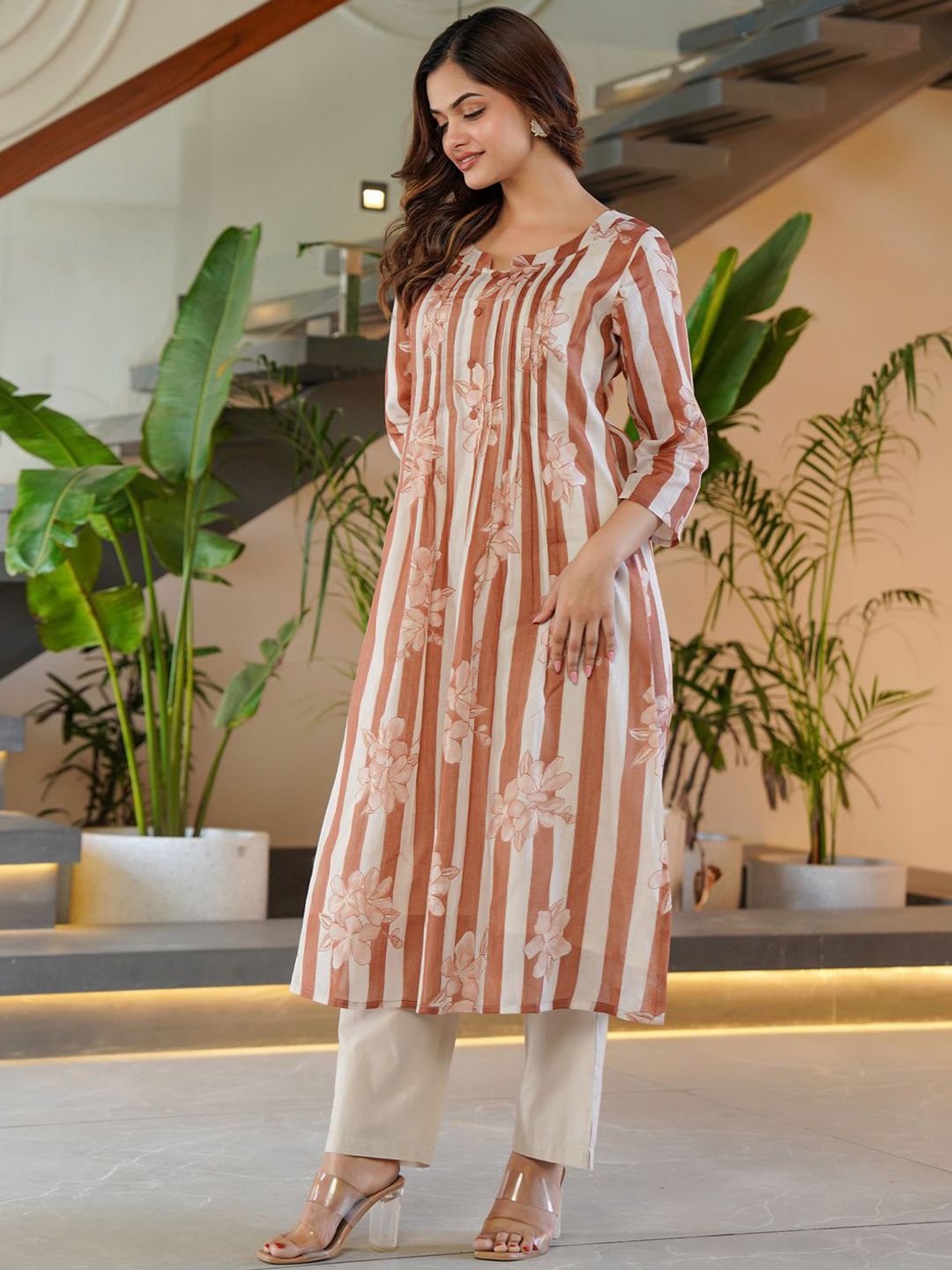 Dhiyona IE Indo era Printed Pure Cotton Round Neck Top With Trousers Co-Ords Set