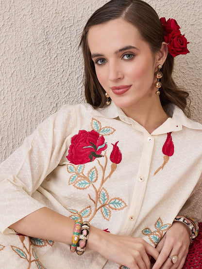 Floral Embroidered Shirt Collar Thread Work Pure Cotton A-Line Kurta With Trouser