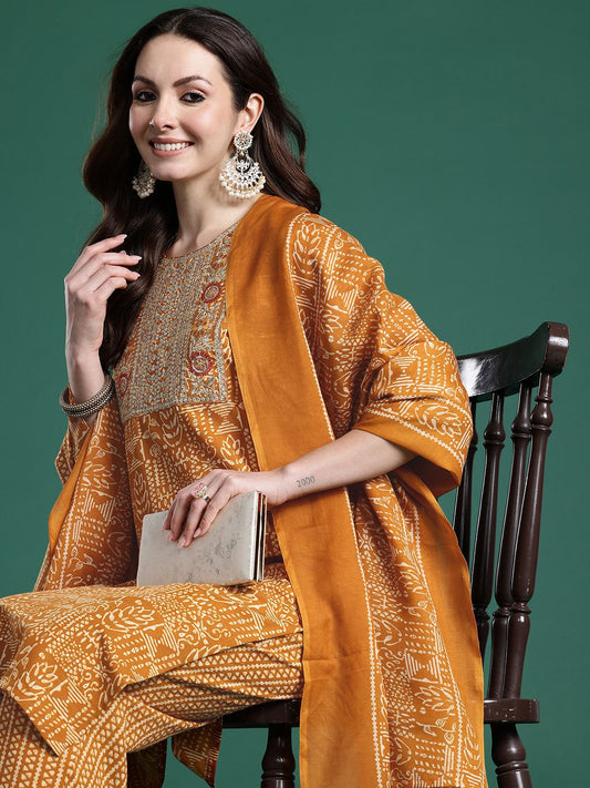 Ethnic Motifs Printed Thread Work Pure Cotton Kurta with Trousers & With Dupatta