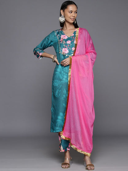 Dhiyona VA Women's Floral Printed Regular Gotta Patti Kurta with Trousers & Dupatta