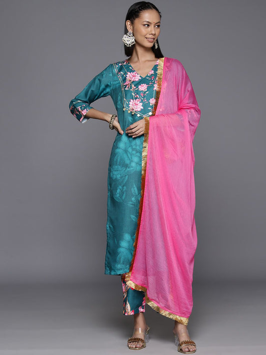 Dhiyona VA Women's Floral Printed Regular Gotta Patti Kurta with Trousers & Dupatta