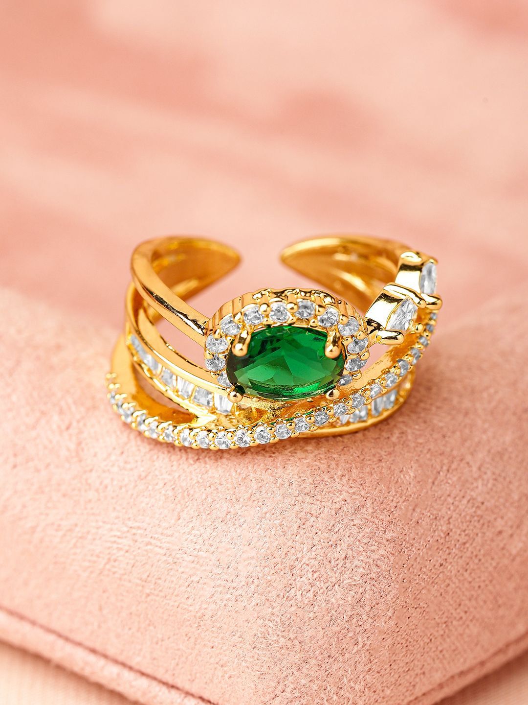 Dhiyona RJ Women's 18K Gold Plated Emerald Green & Cubic Zirconia Studded Adjustable Statement Ring