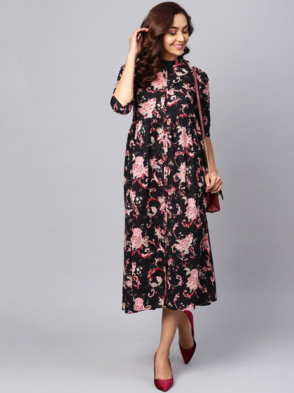 Dhiyona AY Women's Black Printed Fit and Flare Dress