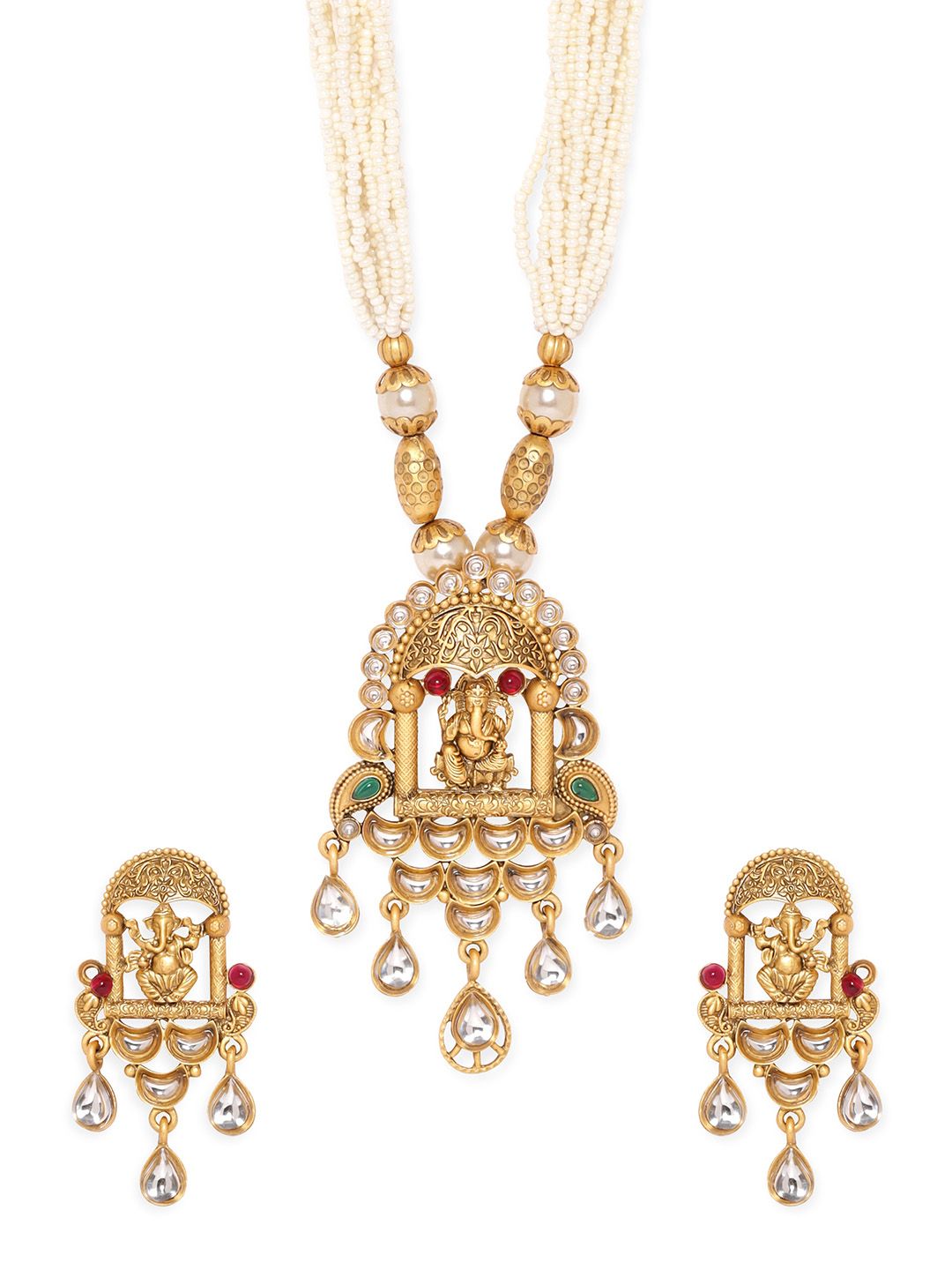 Dhiyona RJ Women's 22K Gold-Plated Ganesh Motif Temple Necklace Set with White Pearls & Kundan Drops
