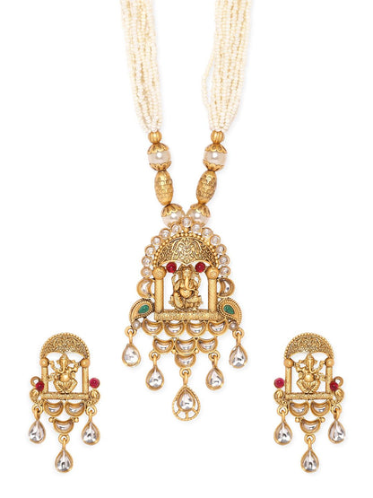 Dhiyona RJ Women's 22K Gold-Plated Ganesh Motif Temple Necklace Set with White Pearls & Kundan Drops