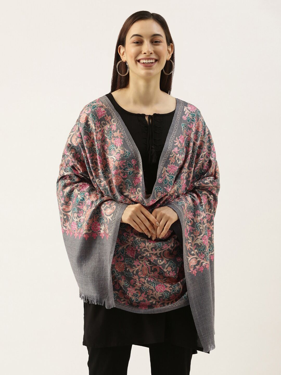 Dhiyona PA Women Grey & Pink Embroidered Pure Wool Shawl