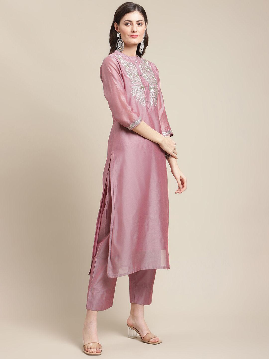 Dhiyona VA Women's Mauve Floral & Peach Yoke Design Chanderi Silk Kurta Set