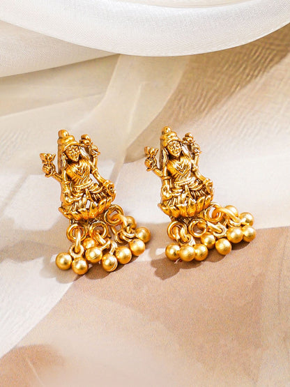 Dhiyona RJ Women's 22K Gold Plated Ruby Studded Gold Beaded Goddess Laxmi Motif Temple Jewellery Set
